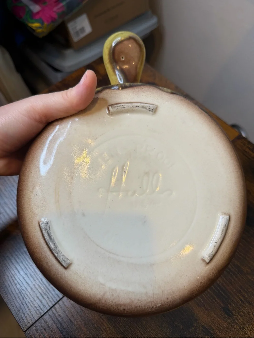 Hull Pottery yellow and brown drip glaze handled casserole dish 10.5 inch